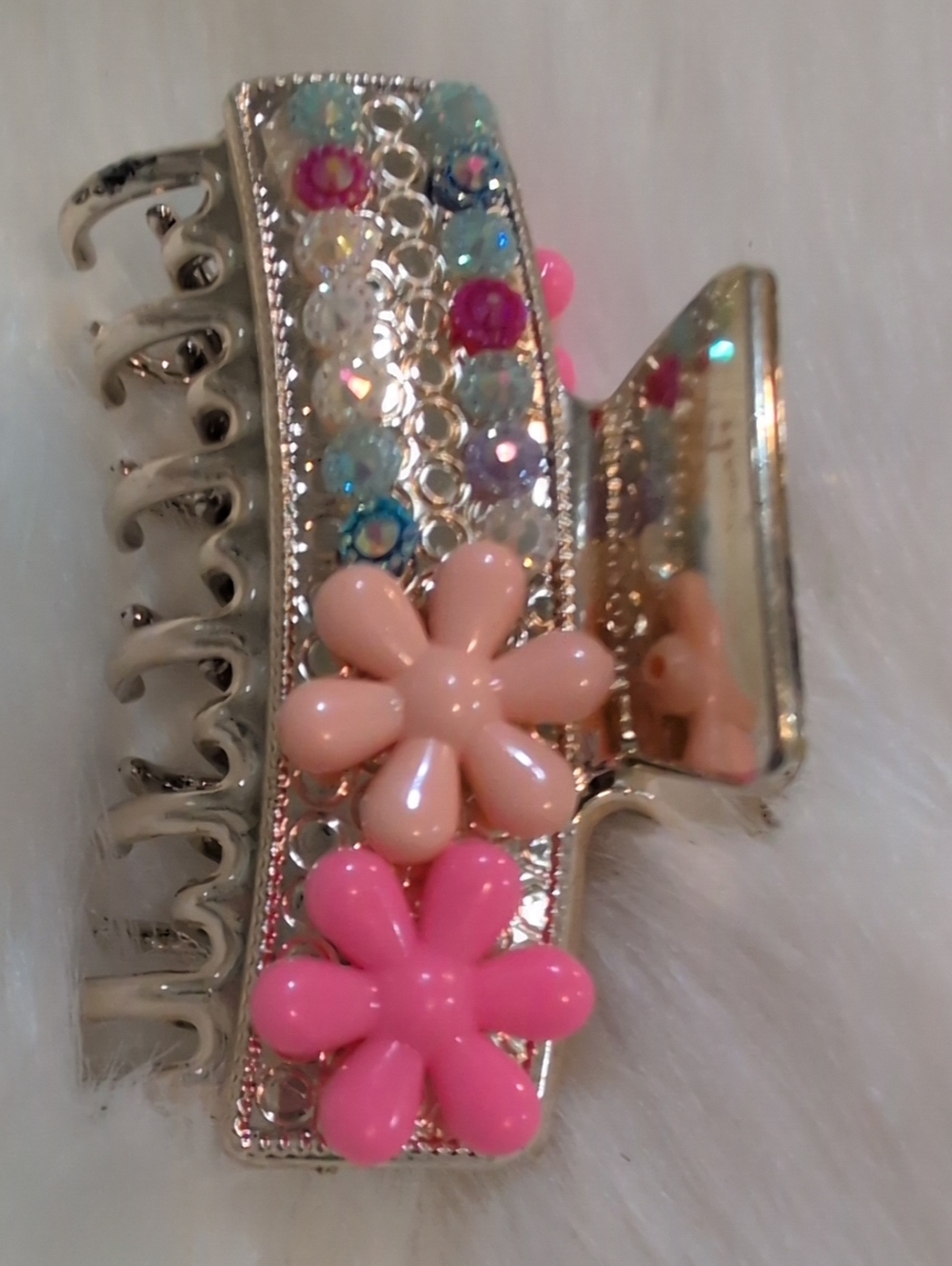 Pink Flower Rhinestone Gold Toned Hair Clip